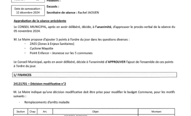 Procès verbal du Conseil Municipal 17/12/24