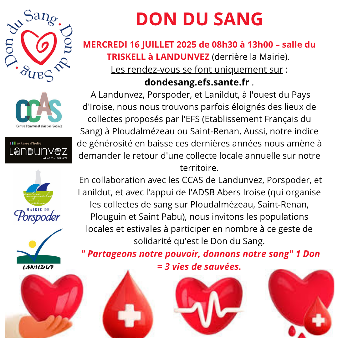 DON DU SANG MERCREDI 16 JUILLET 2025 De 08h30 à 13h00 – Salle Du TRISKEL à LANDUNVEZ 