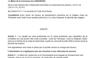 Arrêté de circulation réglementant les conditions de circulation pour la maintenance du château d’eau de Trémazan